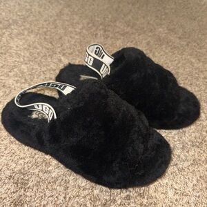 UGG Black Fluffy Slides with Logo Strap